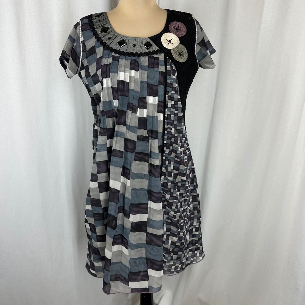 Envi Gray Purple Geometric Art-to-Wear Tunic Dress Sz L Rosette Lagenlook